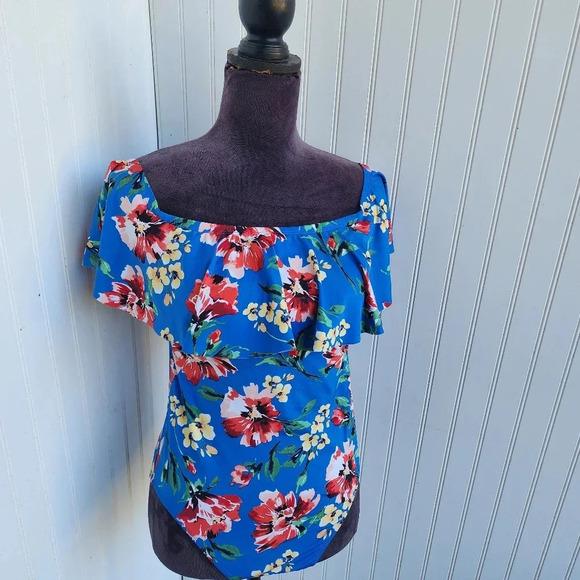 Ralph Lauren One Piece Swimsuit Off Shoulder Floral Blue Pink Print Sz 12 - Picture 8 of 16